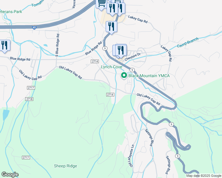 map of restaurants, bars, coffee shops, grocery stores, and more near 165 Old Lakey Gap Road in Black Mountain