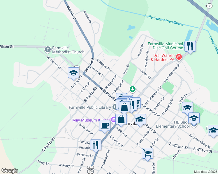map of restaurants, bars, coffee shops, grocery stores, and more near 3350 North George Street in Farmville