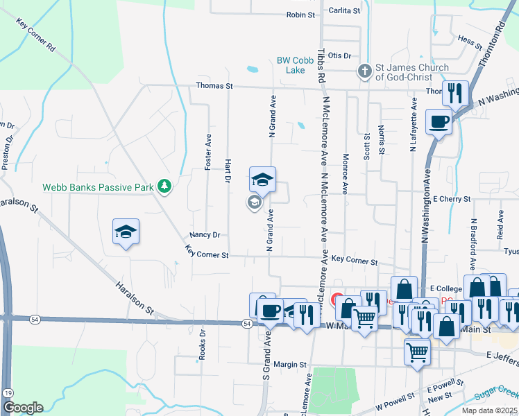 map of restaurants, bars, coffee shops, grocery stores, and more near 313 North Grand Avenue in Brownsville