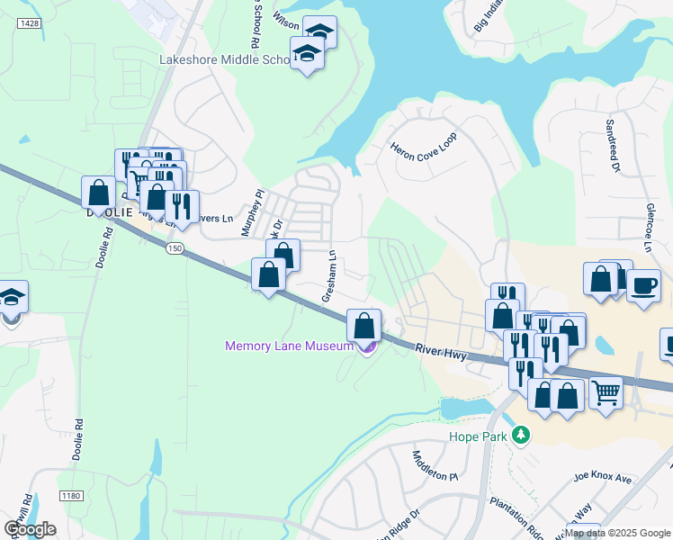 map of restaurants, bars, coffee shops, grocery stores, and more near 796 River Highway in Mooresville