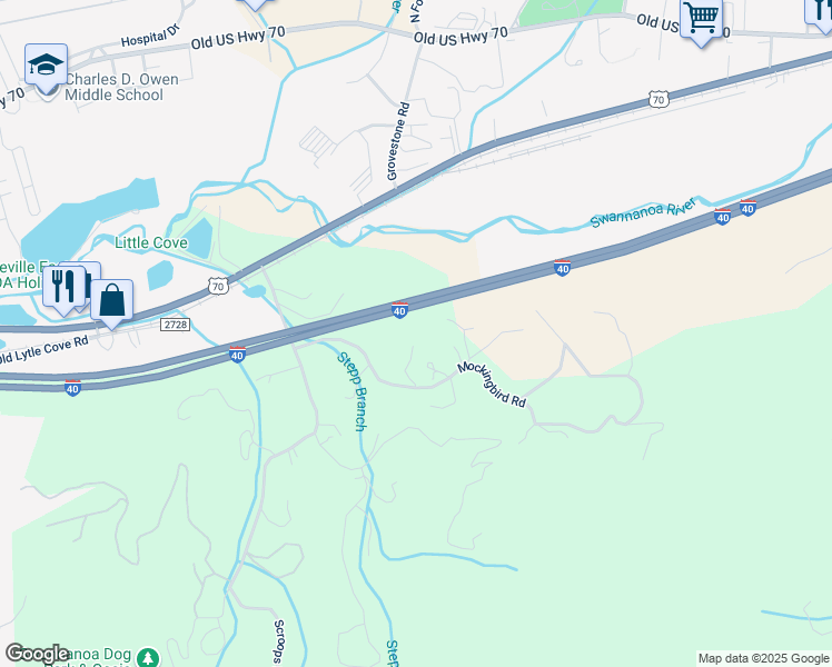 map of restaurants, bars, coffee shops, grocery stores, and more near 218 Max Metcalf Road in Swannanoa