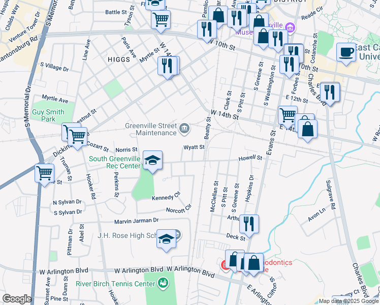 map of restaurants, bars, coffee shops, grocery stores, and more near 1604 Henry St in Greenville