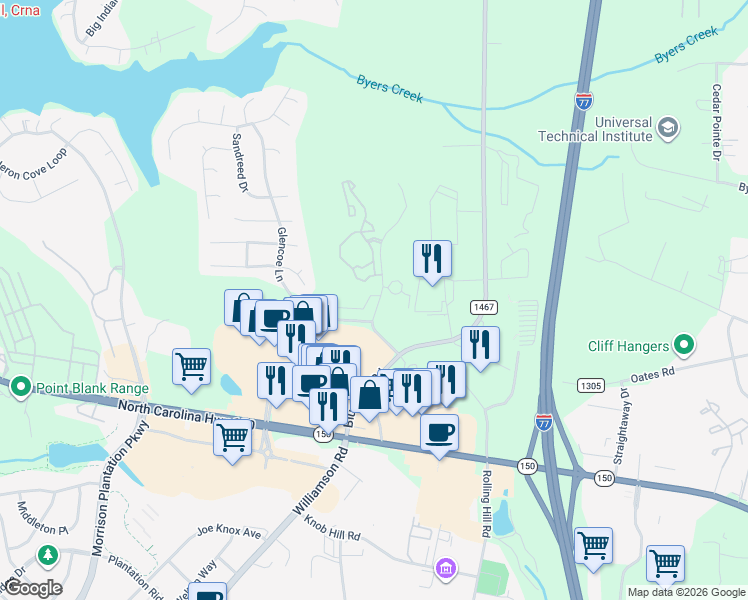 map of restaurants, bars, coffee shops, grocery stores, and more near 140 Carriage Club Drive in Mooresville