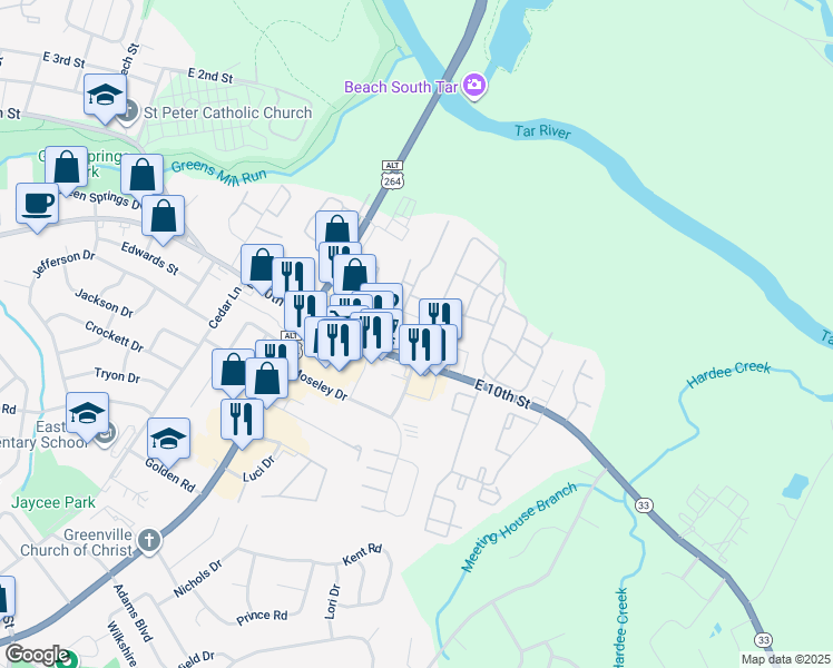 map of restaurants, bars, coffee shops, grocery stores, and more near 3205 East 10th Street in Greenville