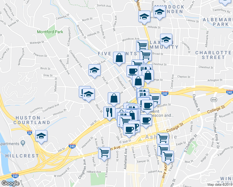 map of restaurants, bars, coffee shops, grocery stores, and more near 54 Starnes Avenue in Asheville