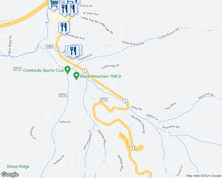 map of restaurants, bars, coffee shops, grocery stores, and more near 11 Mandolin Drive in Black Mountain