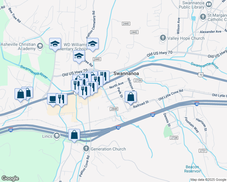 map of restaurants, bars, coffee shops, grocery stores, and more near 99999 Harrison Avenue in Swannanoa
