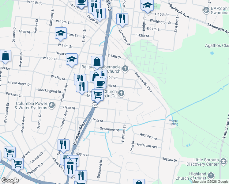 map of restaurants, bars, coffee shops, grocery stores, and more near 1807 Locust Drive in Columbia