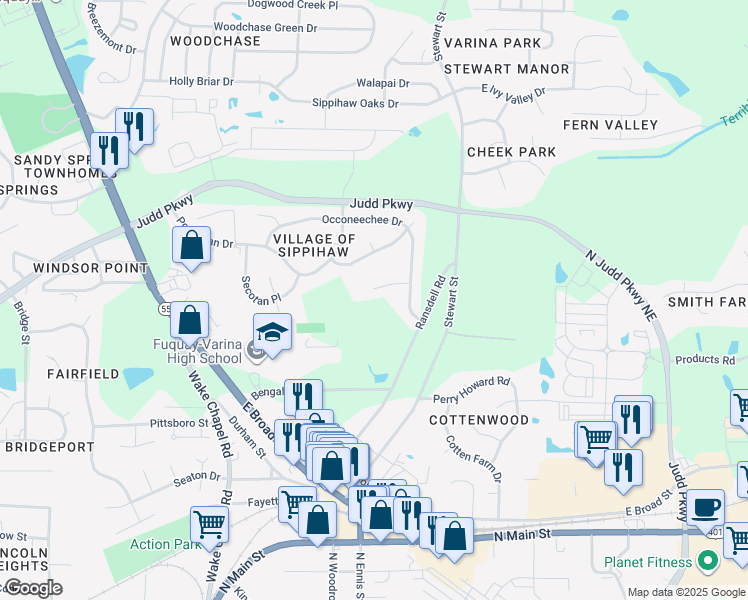 map of restaurants, bars, coffee shops, grocery stores, and more near 201 Bengal Boulevard in Fuquay Varina