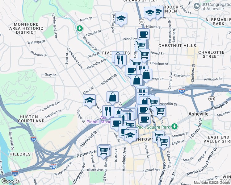 map of restaurants, bars, coffee shops, grocery stores, and more near 55 Starnes Avenue in Asheville