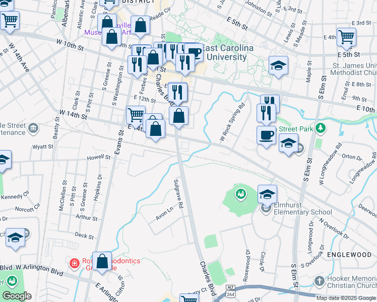map of restaurants, bars, coffee shops, grocery stores, and more near 1501 South Charles Boulevard in Greenville