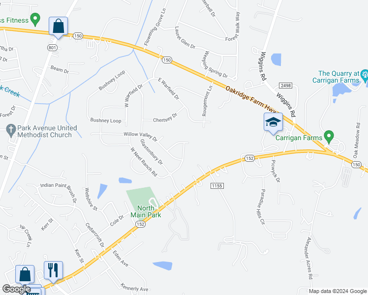 map of restaurants, bars, coffee shops, grocery stores, and more near 130 East Neel Ranch Road in Mooresville