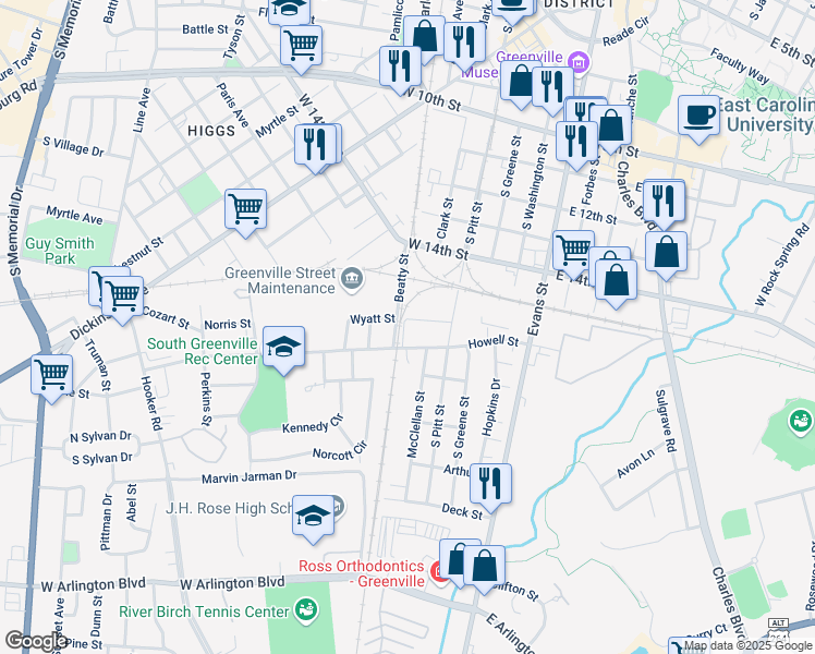 map of restaurants, bars, coffee shops, grocery stores, and more near 419 Wyatt Street in Greenville