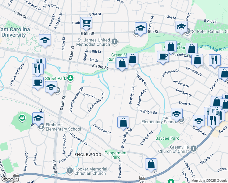 map of restaurants, bars, coffee shops, grocery stores, and more near 111 Eric Court in Greenville