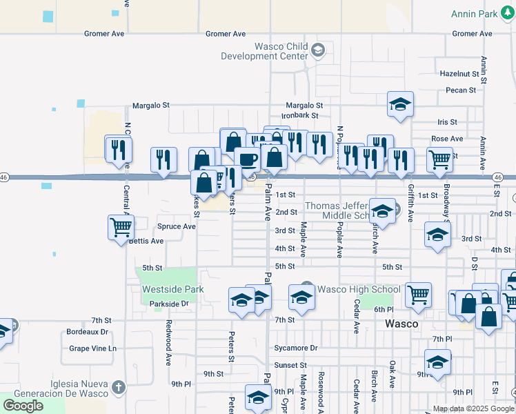 map of restaurants, bars, coffee shops, grocery stores, and more near 2209 2nd Street in Wasco
