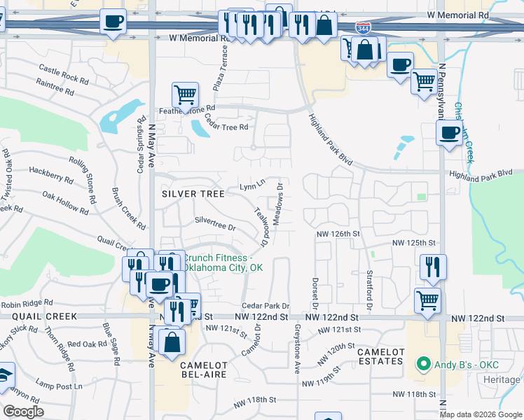 map of restaurants, bars, coffee shops, grocery stores, and more near 2548 Kathy Court in Oklahoma City