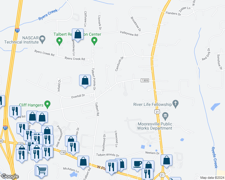 map of restaurants, bars, coffee shops, grocery stores, and more near 189 Oates Road in Mooresville