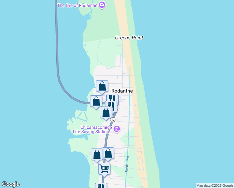 map of restaurants, bars, coffee shops, grocery stores, and more near North Carolina Highway 12 in Rodanthe