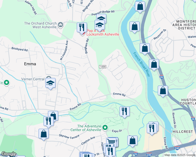 map of restaurants, bars, coffee shops, grocery stores, and more near 48 Bingham Road in Asheville