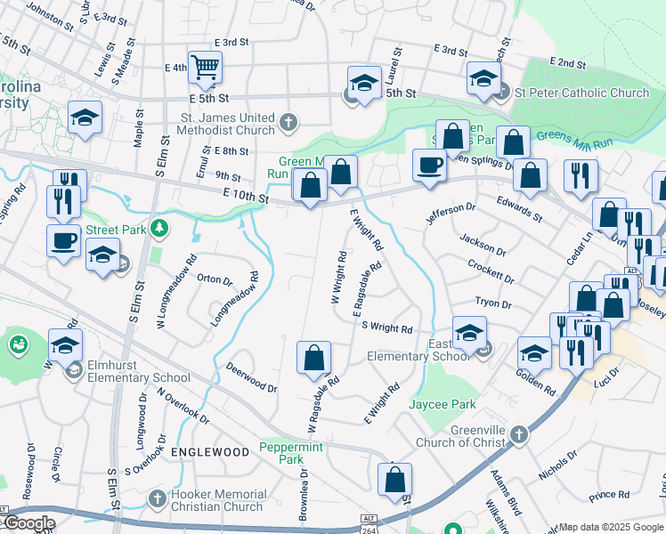 map of restaurants, bars, coffee shops, grocery stores, and more near 1020 West Wright Road in Greenville