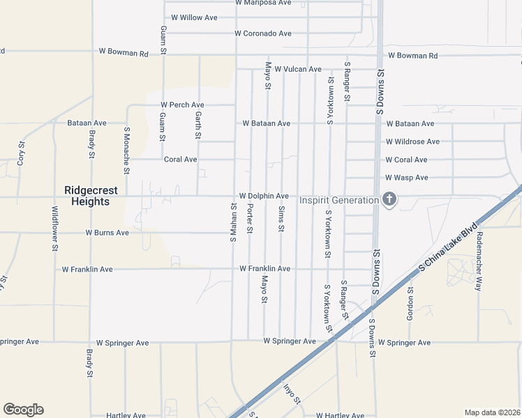 map of restaurants, bars, coffee shops, grocery stores, and more near 1328 Porter Street in Ridgecrest