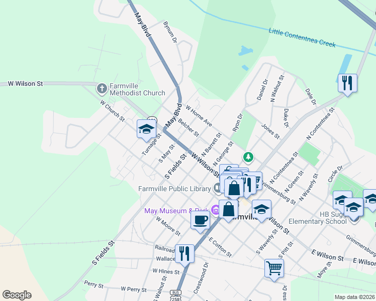 map of restaurants, bars, coffee shops, grocery stores, and more near 100 South Fields Street in Farmville