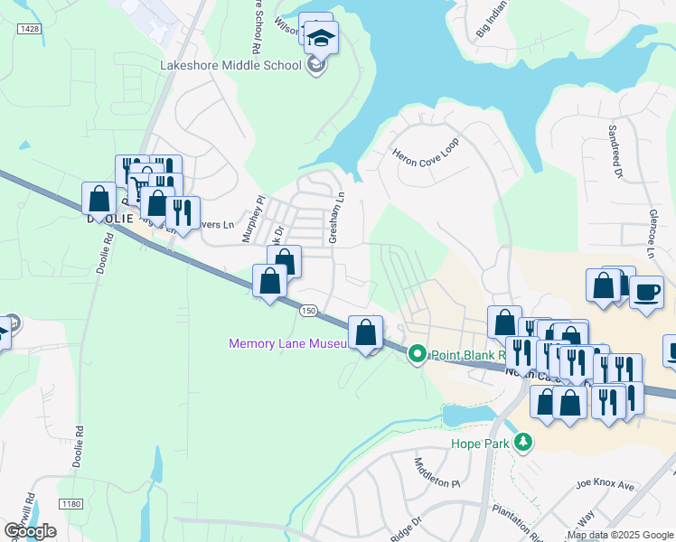 map of restaurants, bars, coffee shops, grocery stores, and more near 201 Gresham Lane in Mooresville