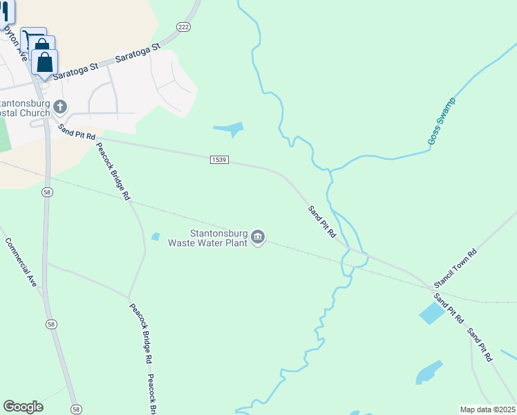map of restaurants, bars, coffee shops, grocery stores, and more near 7646 Sand Pit Road in Stantonsburg