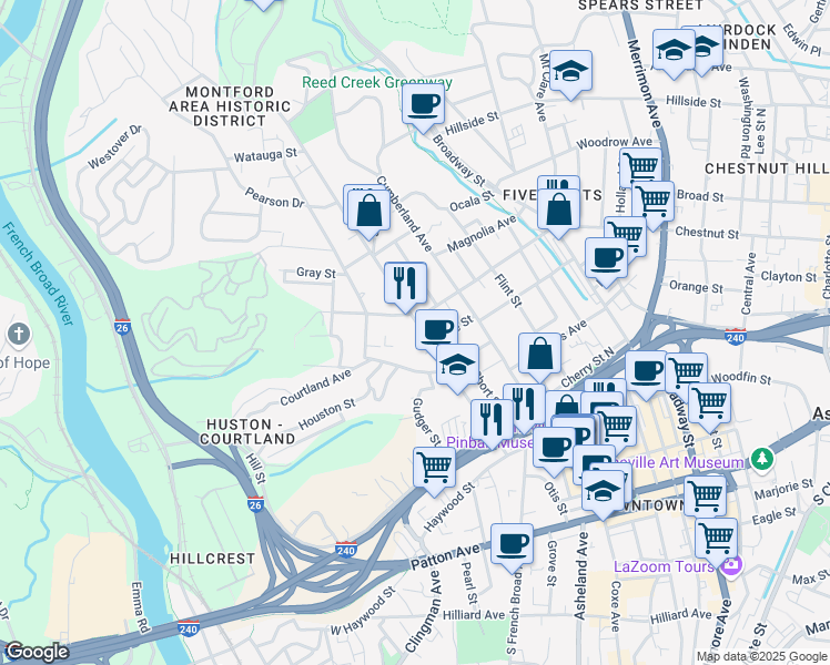 map of restaurants, bars, coffee shops, grocery stores, and more near 140 Montford Avenue in Asheville