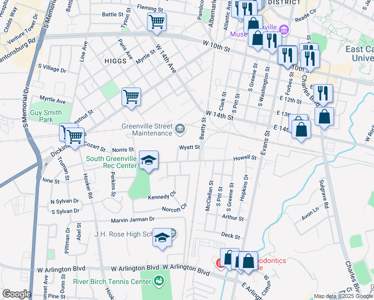 map of restaurants, bars, coffee shops, grocery stores, and more near 701 Wyatt Street in Greenville