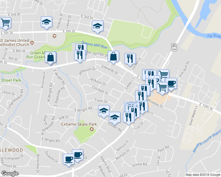 map of restaurants, bars, coffee shops, grocery stores, and more near 2907 Rose Street in Greenville