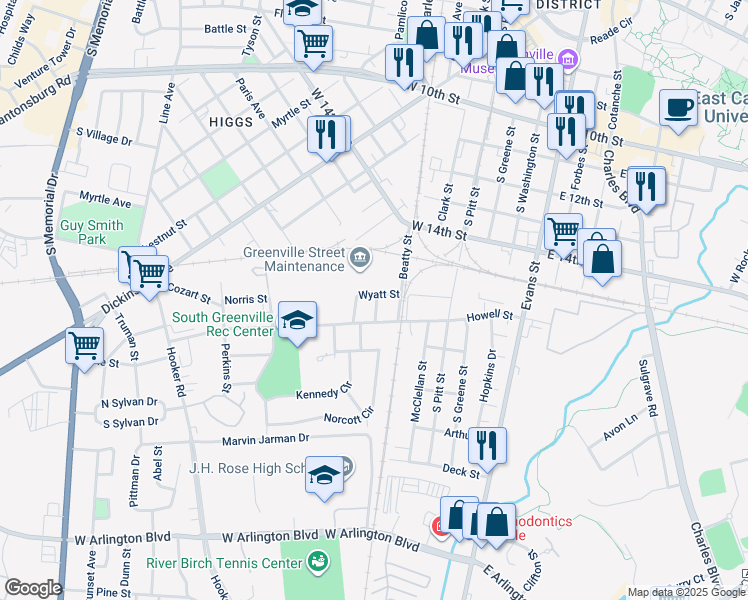 map of restaurants, bars, coffee shops, grocery stores, and more near 701 Wyatt Street in Greenville