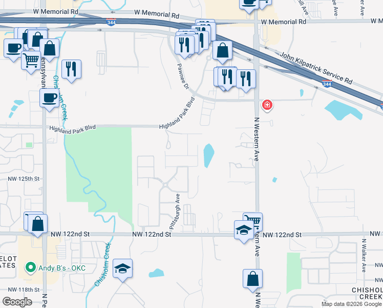 map of restaurants, bars, coffee shops, grocery stores, and more near 12800 William Penn Boulevard in Oklahoma City