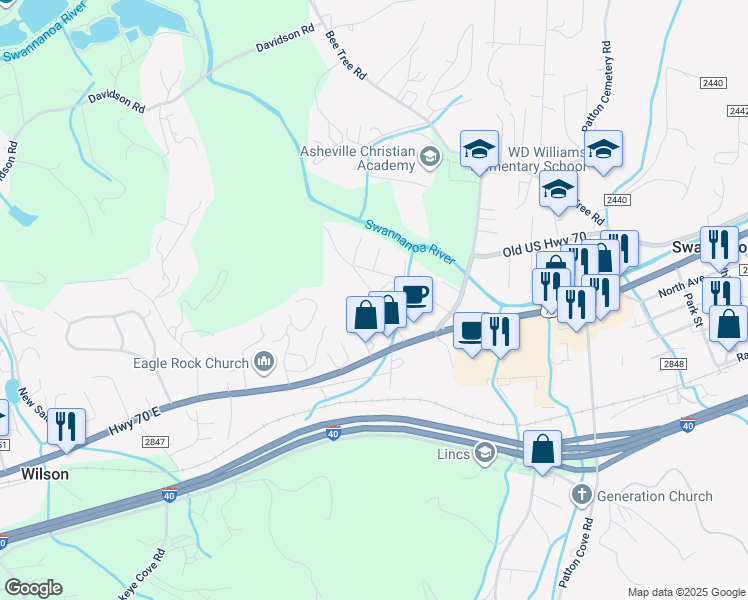 map of restaurants, bars, coffee shops, grocery stores, and more near 11 Penley Ridge Drive in Swannanoa