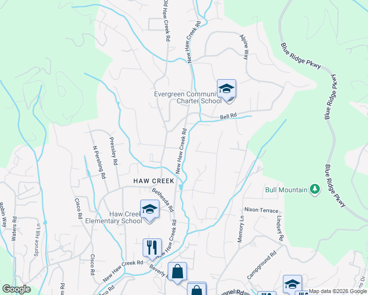 map of restaurants, bars, coffee shops, grocery stores, and more near 672 New Haw Creek Road in Asheville