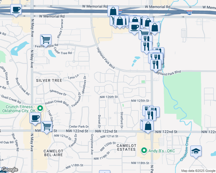 map of restaurants, bars, coffee shops, grocery stores, and more near 12821 Stratford Drive in Oklahoma City