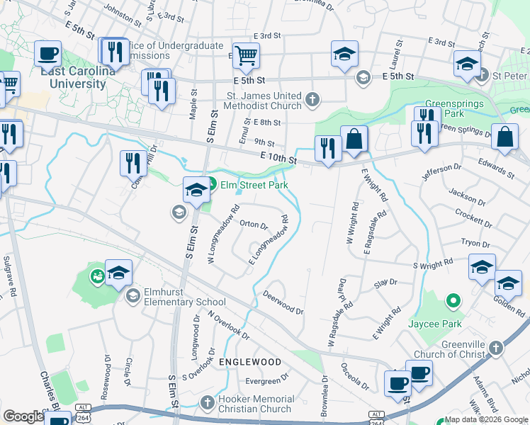 map of restaurants, bars, coffee shops, grocery stores, and more near 233 Orton Drive in Greenville
