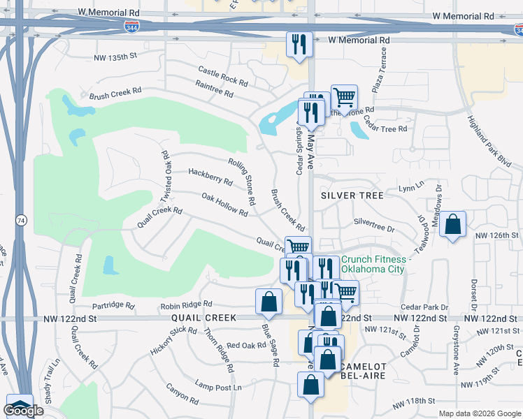 map of restaurants, bars, coffee shops, grocery stores, and more near 2968 Rolling Stone Road in Oklahoma City
