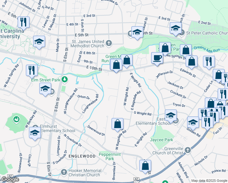map of restaurants, bars, coffee shops, grocery stores, and more near 103 Maplewood Court in Greenville