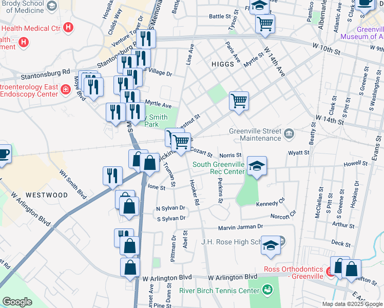 map of restaurants, bars, coffee shops, grocery stores, and more near 101 Hooker Road in Greenville