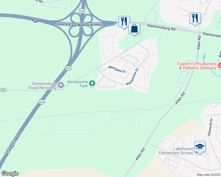 map of restaurants, bars, coffee shops, grocery stores, and more near 3625 Ramsey Drive in Greenville