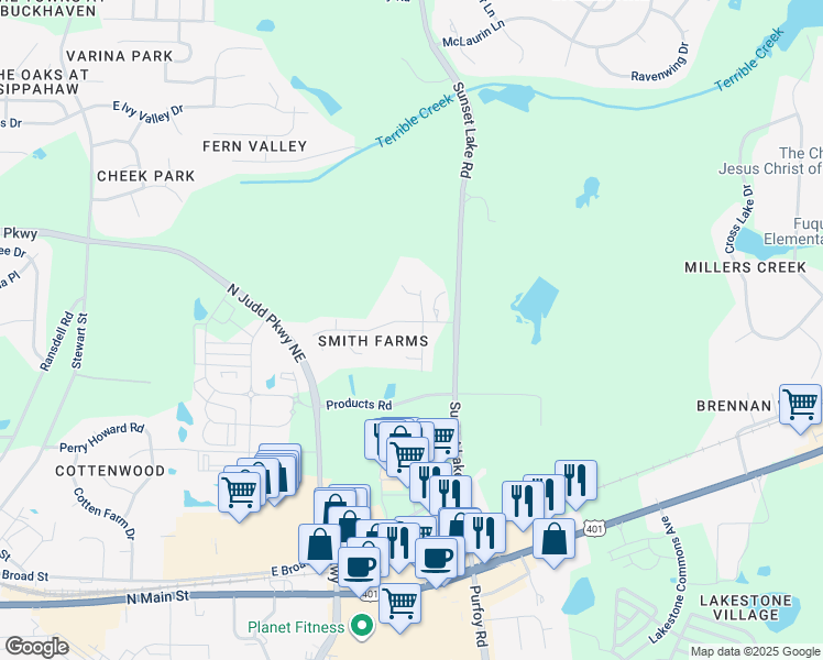 map of restaurants, bars, coffee shops, grocery stores, and more near 1412 Stone Lion Drive in Fuquay Varina
