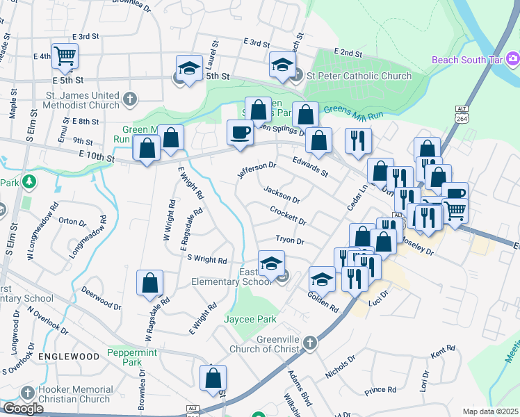 map of restaurants, bars, coffee shops, grocery stores, and more near 2400 Jefferson Drive in Greenville