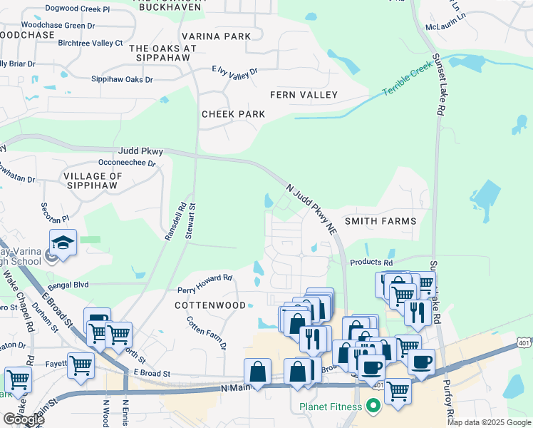 map of restaurants, bars, coffee shops, grocery stores, and more near 1805 Kauri Cliffs Drive in Fuquay-Varina