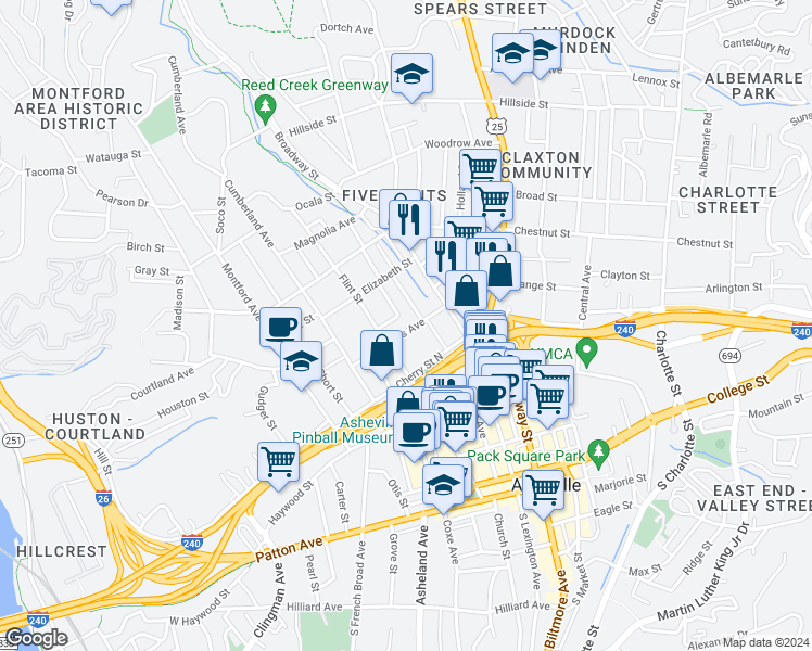 map of restaurants, bars, coffee shops, grocery stores, and more near 54 Starnes Avenue in Asheville