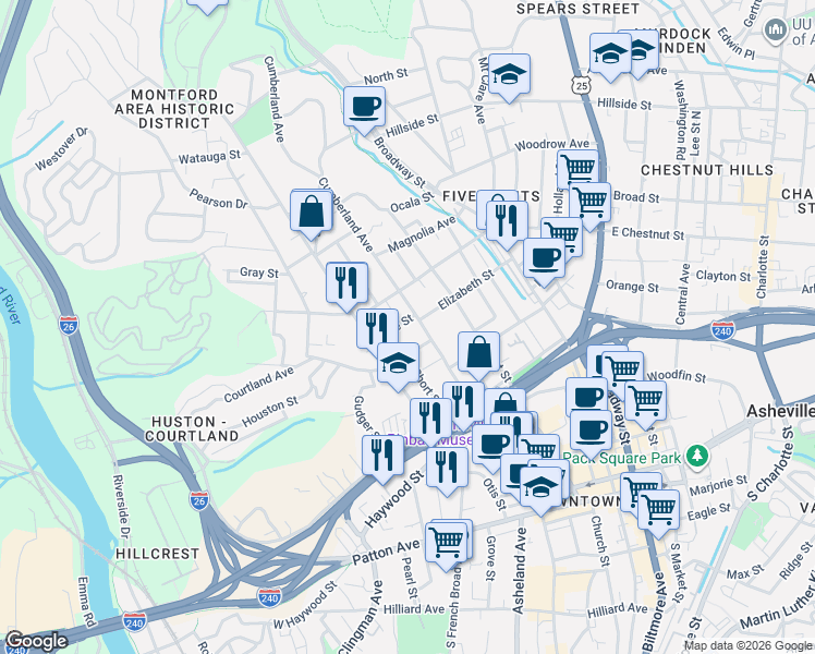map of restaurants, bars, coffee shops, grocery stores, and more near 113 Montford Avenue in Asheville