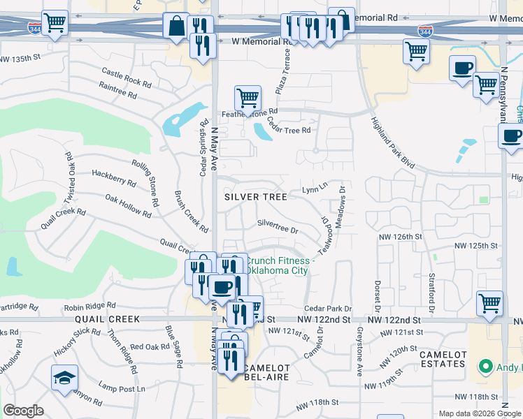 map of restaurants, bars, coffee shops, grocery stores, and more near 2722 Silvertree Drive in Oklahoma City