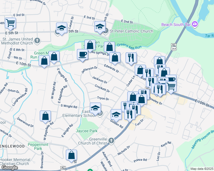 map of restaurants, bars, coffee shops, grocery stores, and more near 2808 Jackson Drive in Greenville