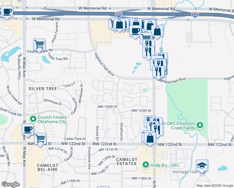 map of restaurants, bars, coffee shops, grocery stores, and more near Stratford Drive in Oklahoma City