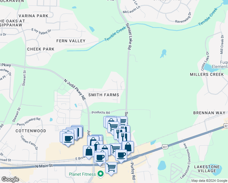 map of restaurants, bars, coffee shops, grocery stores, and more near 1412 Stone Lion Drive in Fuquay Varina